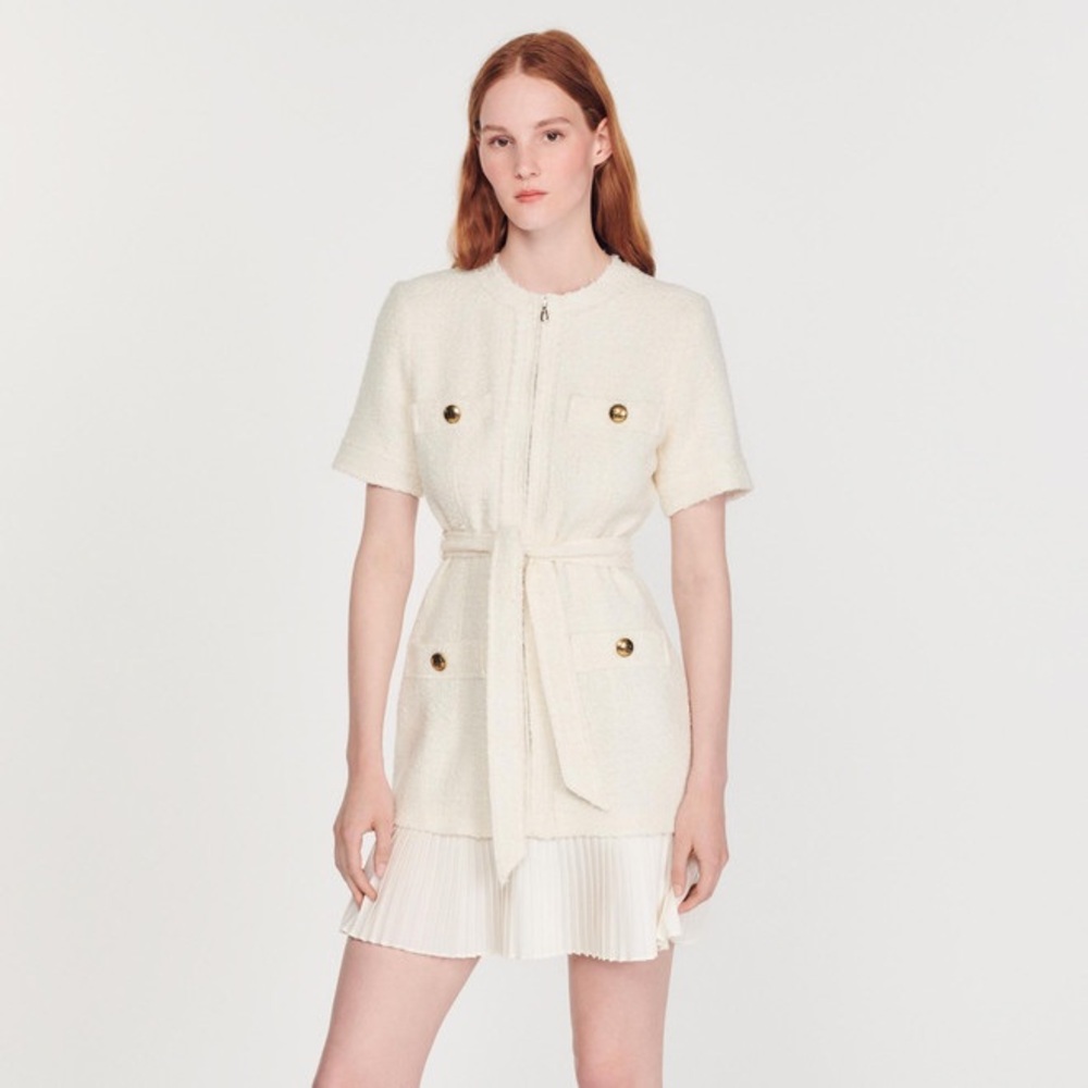 Sandro Joana Belted Pleated-Hem Dress size 38